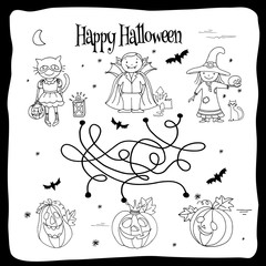 Happy Halloween coloring sheet with labyrinth, kids in costumes and pumpkins, hand drawn vector illustration