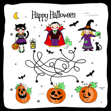 Happy Halloween invitation or greeting card with labyrinth, kids in costumes and pumpkins, hand drawn vector illustration