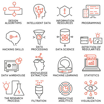 Vector set of 16 icons related to business and data management, analytic service and data science. Mono line pictograms and infographics design elements - part 2
