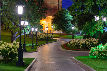 Night view of a path in Alexandrovsky Garden near the Kremlin in