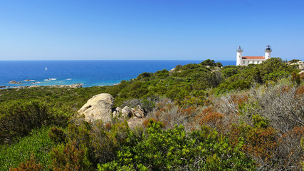 Fototapeta na wymiar Vue panoramique sur le phare de Senetosa en Corse