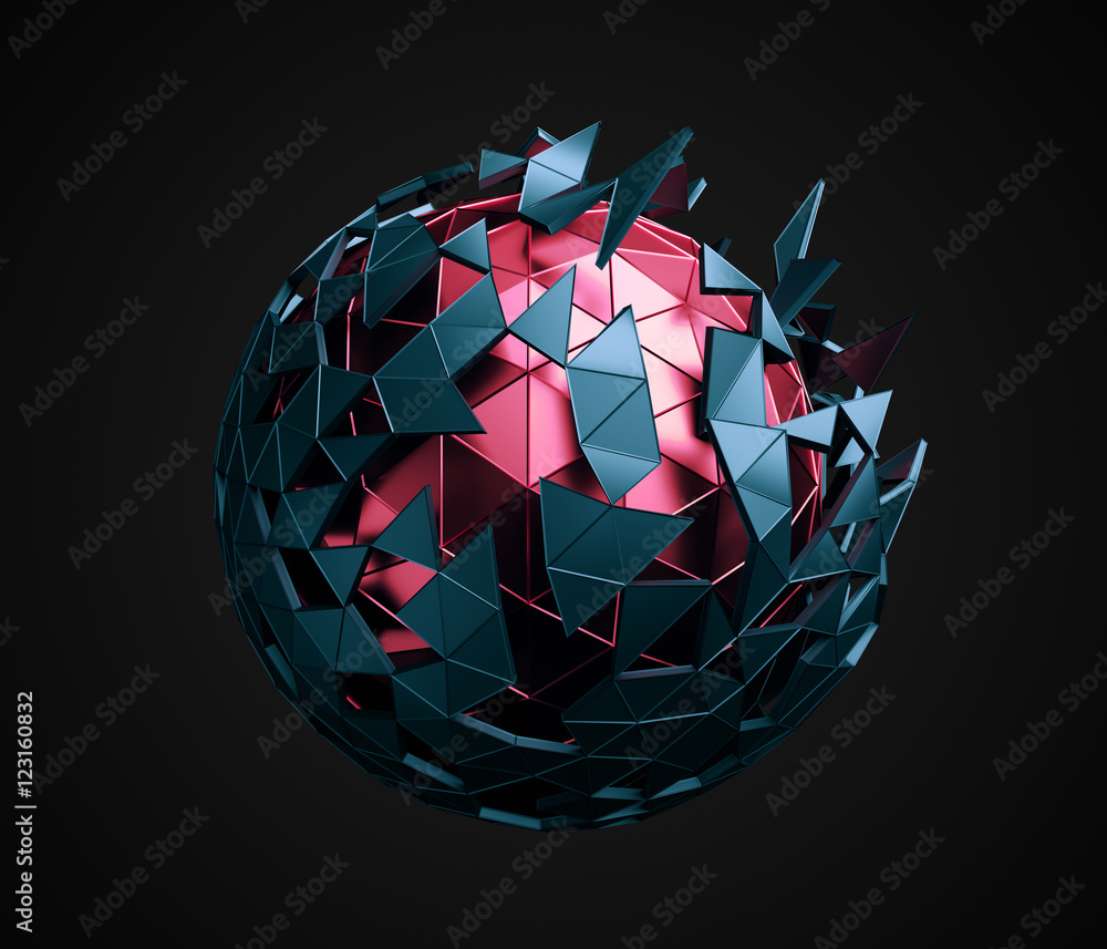 Poster abstract 3d rendering of low poly sphere with chaotic structure. sci-fi background with polygonal sh