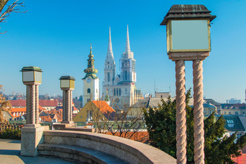 Lanterns on upper town and Zagreb cathedral, panoramic view