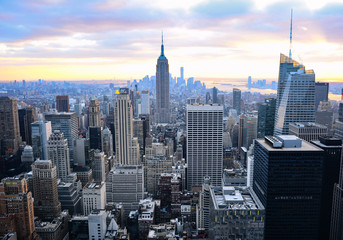 A classic photo of a scenic sunset with the skyscrapers of New Y