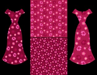 Beautiful card with collection of female dresses with verbena and cosmos flowers and two seamless floral pattern on Red Wine background. Fashion design.