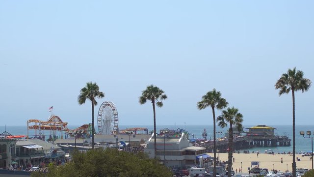 Santa Monica, California, 29th July 2016: Wide angle shot of the Santa Monica Pier and beach area