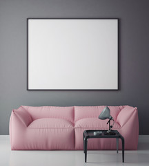 mock up blank poster on the wall of hipster living room, 3D rendering, 3D illustration