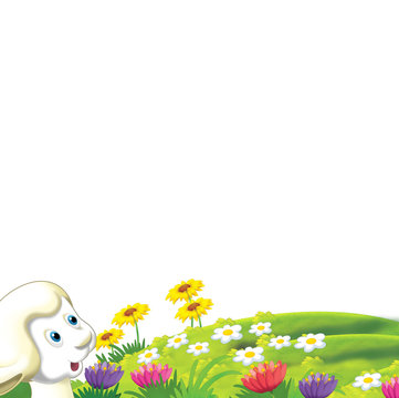 Cartoon funny sheep watching and resting - isolated - illustration for children