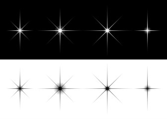 Set of sparkle lights stars. Flares or stars with rays, explosion, fireworks. Isolated vector illustration