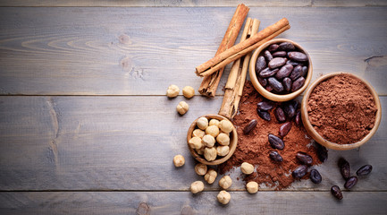 Cocoa beans, hazelnuts, cinnamon and cocoa powder