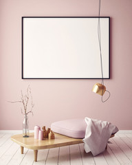mock up blank poster on the wall of hipster living room, 3D rendering, 3D illustration