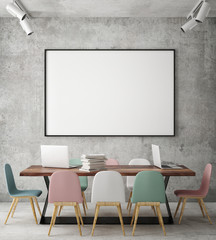 mock up blank poster on the wall of hipster meeting room, 3D rendering, 3D illustration