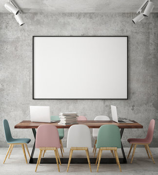 mock up blank poster on the wall of hipster meeting room, 3D rendering, 3D illustration
