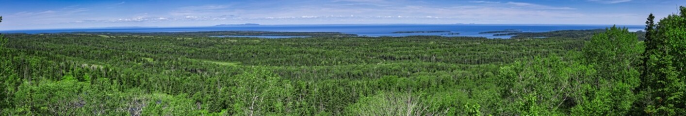 A panoramic view of Isle Royale National Park, Michigan, from the top of Greenstone Ridge.