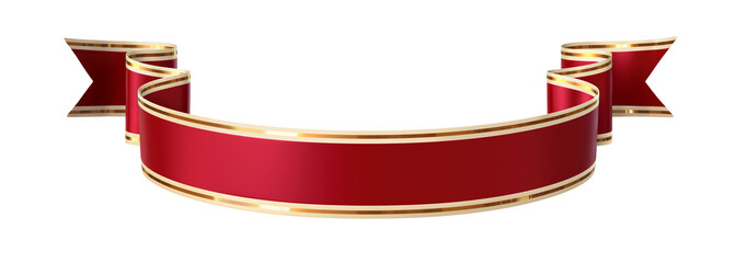 Curled red ribbon banner with gold border - arc down and double wavy ends