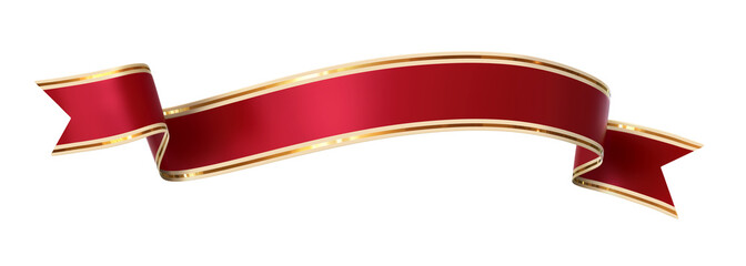 Curled red ribbon banner with gold border - arc up and wavy ends - front and back