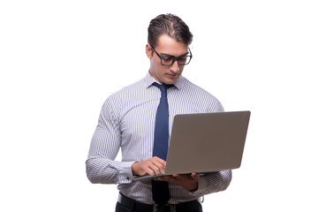 Handsome businessman working with laptop computer isolated on wh