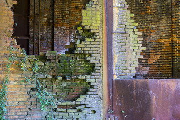 Crumbling Brick Wall of the former Power Plant at the Central Indiana Hospital for the Insane, built in 1886 and abandoned in the 1970s IV