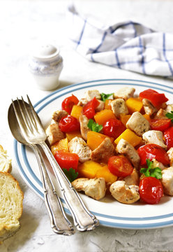 Roasted vegetables with chicken.