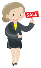 Woman holding sign for sale