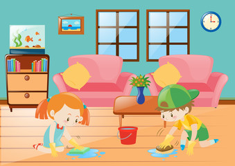 Boy and girl cleaning floor