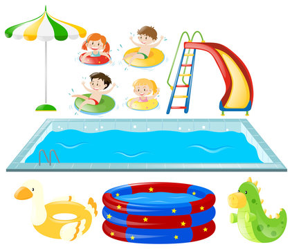 Set with swimming pool and kids swimming