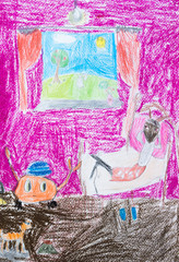 Fairy-tale characters in pink house. Children's drawings of my kids