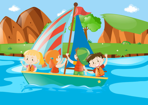 Four kids sailing boat in river
