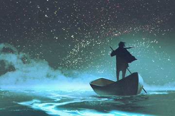 Fototapeta premium man rowing a boat in the sea under beautiful sky with stars,illustration painting