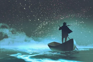 Crédence de cuisine en verre imprimé Grand échec homme ramant un bateau dans la mer sous un ciel magnifique avec des étoiles, peinture d& 39 illustration