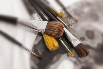Different Paint Brushes on Palette
Close-up view set of different brushes on a palette

