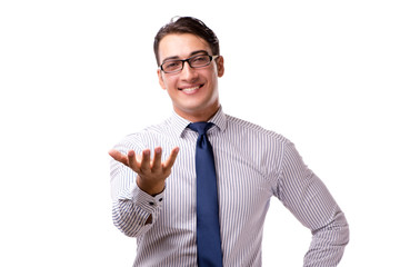 Young handsome businessman pressing buttons isolated on white