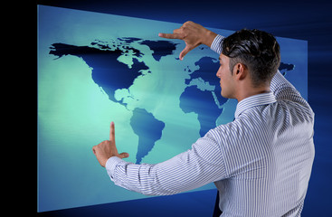 Businessman pressing virtual buttons in global business concept