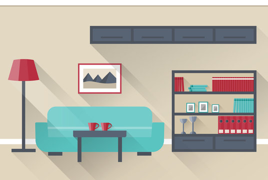 Interior of colorful living room in flat design with long shadows. Vector illustration.