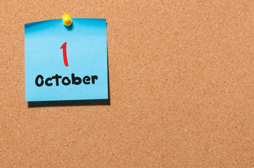 October 1st. Day 1 of month, Calendar on notice board. Autumn time. Empty space for text