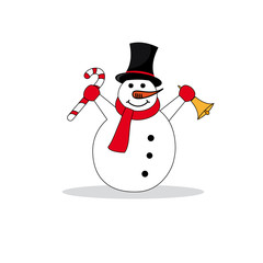 Снеговик в цилиндре с колокольчиком и конфетой. Векторная иллюстрация на белом фоне.