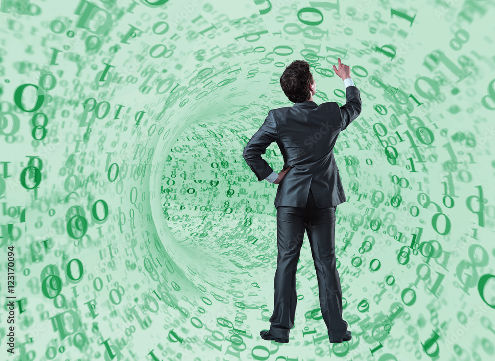 Poster businessman against the funnel made of binary numbers