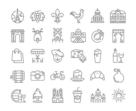 Set Vector Flat Line Icons France and Paris