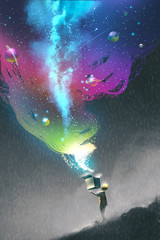 Naklejka premium the kid opening a fantasy box with colorful light and fantastic space,illustration painting