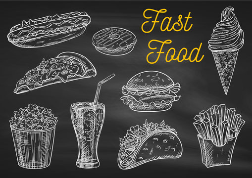 Fast food snacks and drinks chalk sketch icons
