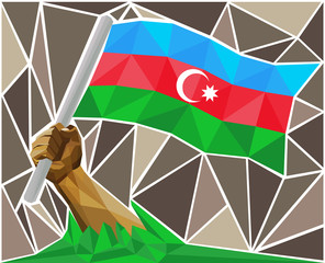 Man's Arm Raising The National Flag Of Azerbaijan