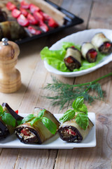 Eggplant rolls filled with tomatoes and walnuts. Appetizer of Georgian cuisine