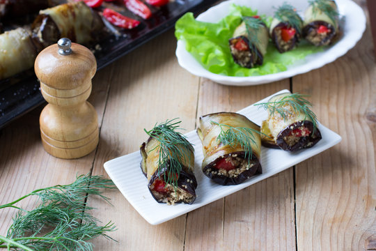 Eggplant rolls filled with tomatoes and walnuts. Appetizer of Georgian cuisine