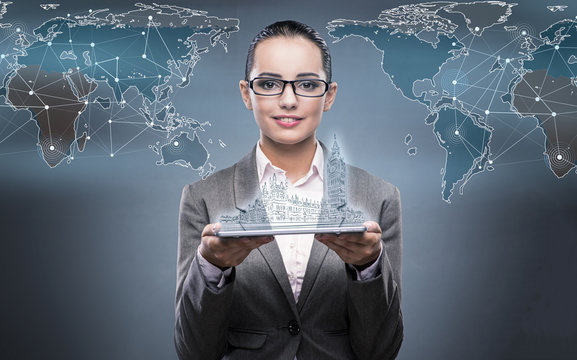 Virtual reality travel concept with woman and tablet