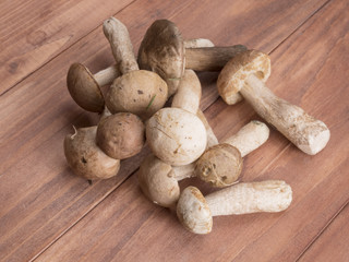 A bunch of fresh mushrooms lying on wooden background