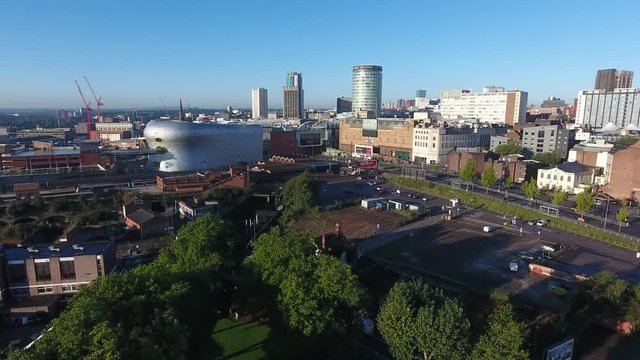 Aerial view rising up over Birmingham city centre in the UK.
