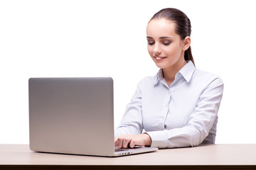 Businesswoman working at her desk on white background