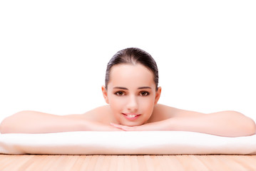 Obraz premium Young beautiful woman in health concept on white background