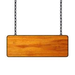 Wooden sign hanging on a chain isolated on white