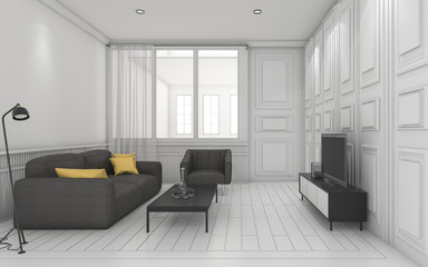 3d rendering white classic living room with nice furniture